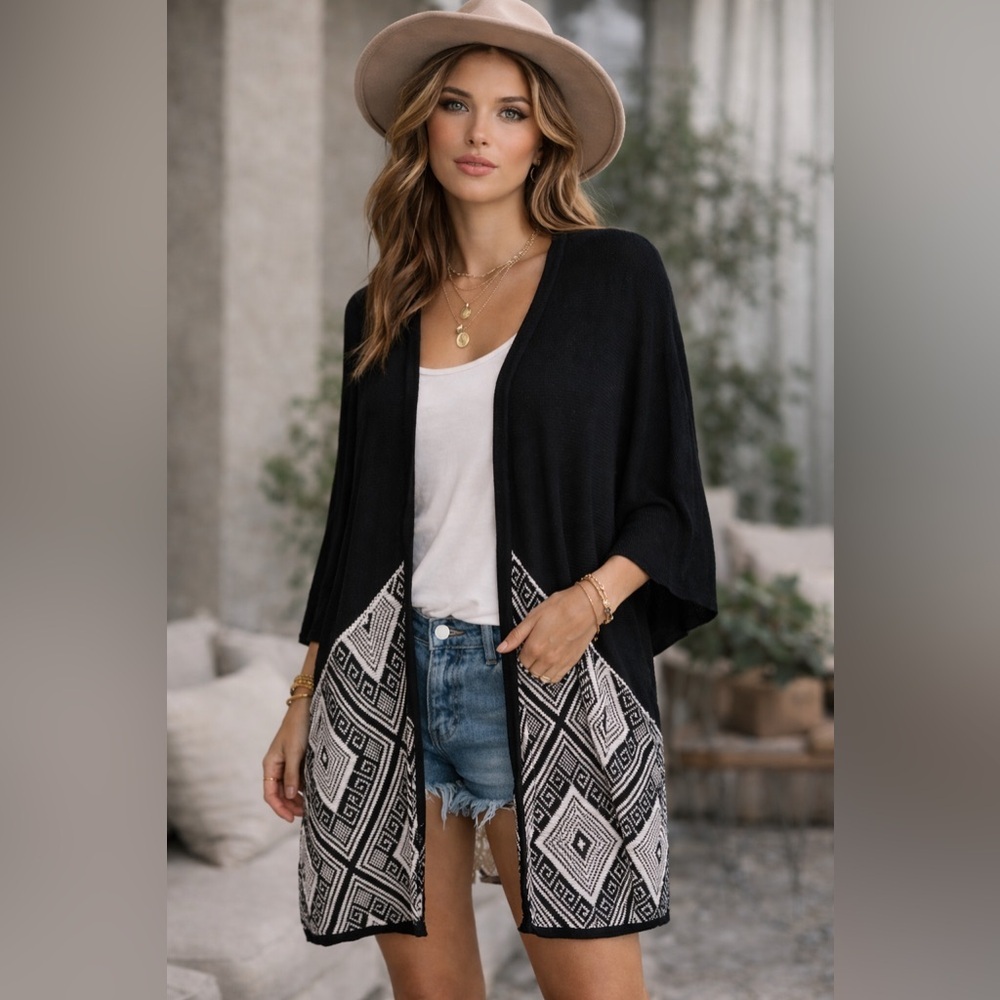 Umgee Black Open Front Cardigan Boho Fringe Crochet Back (1152-XL/1X-7)